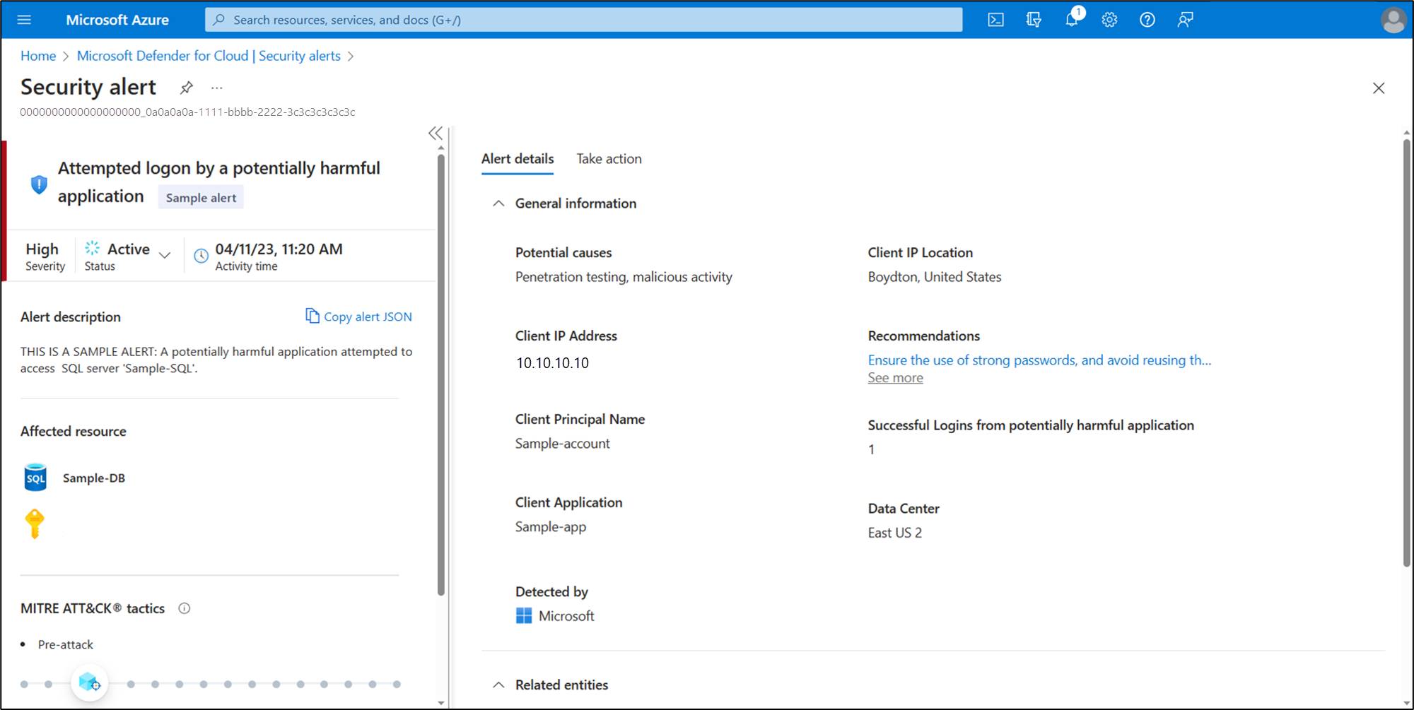 Screenshot showing Mitre Attack attempted logon alert example.