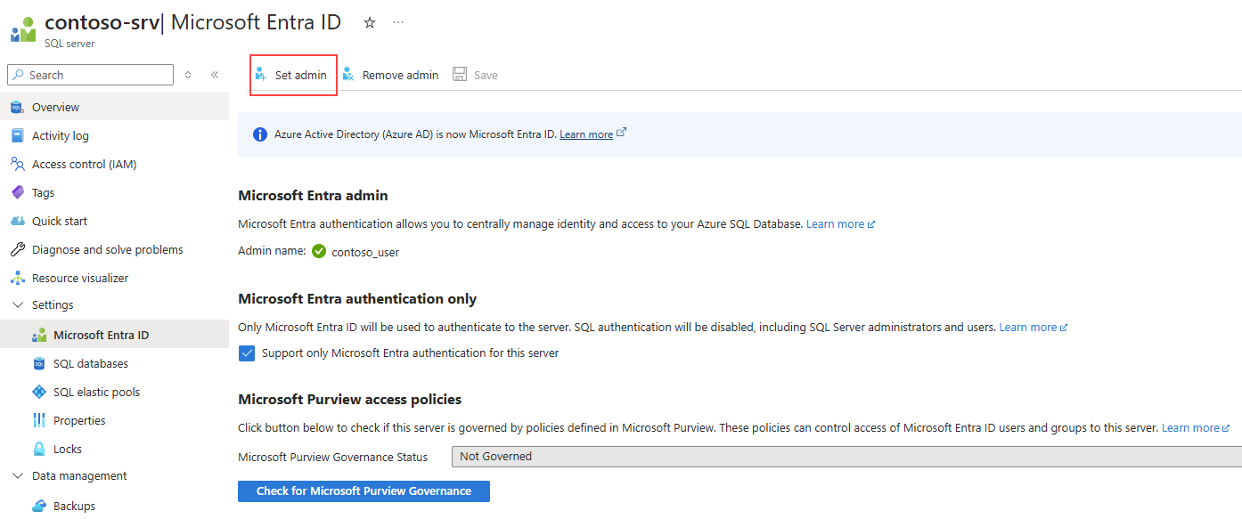 Screenshot showing how to set admin permissions on a SQL Database.