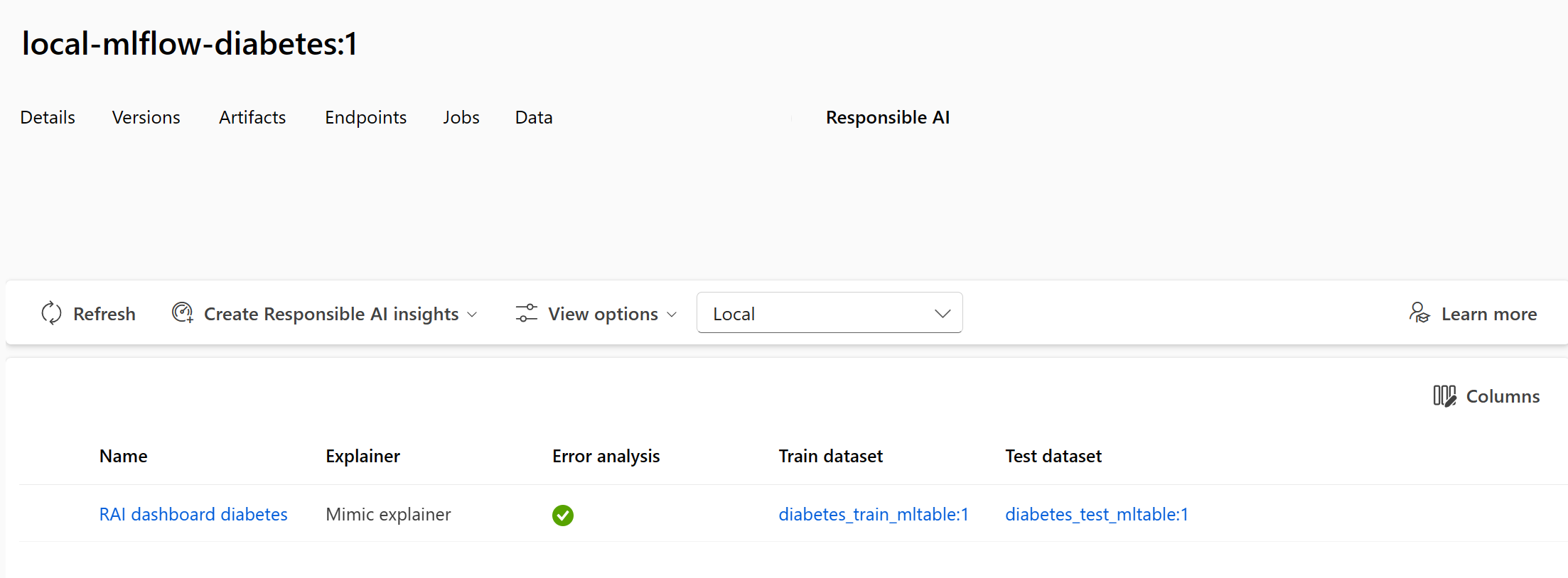 Screenshot of the Responsible AI tab of a registered model in Azure Machine Learning studio.