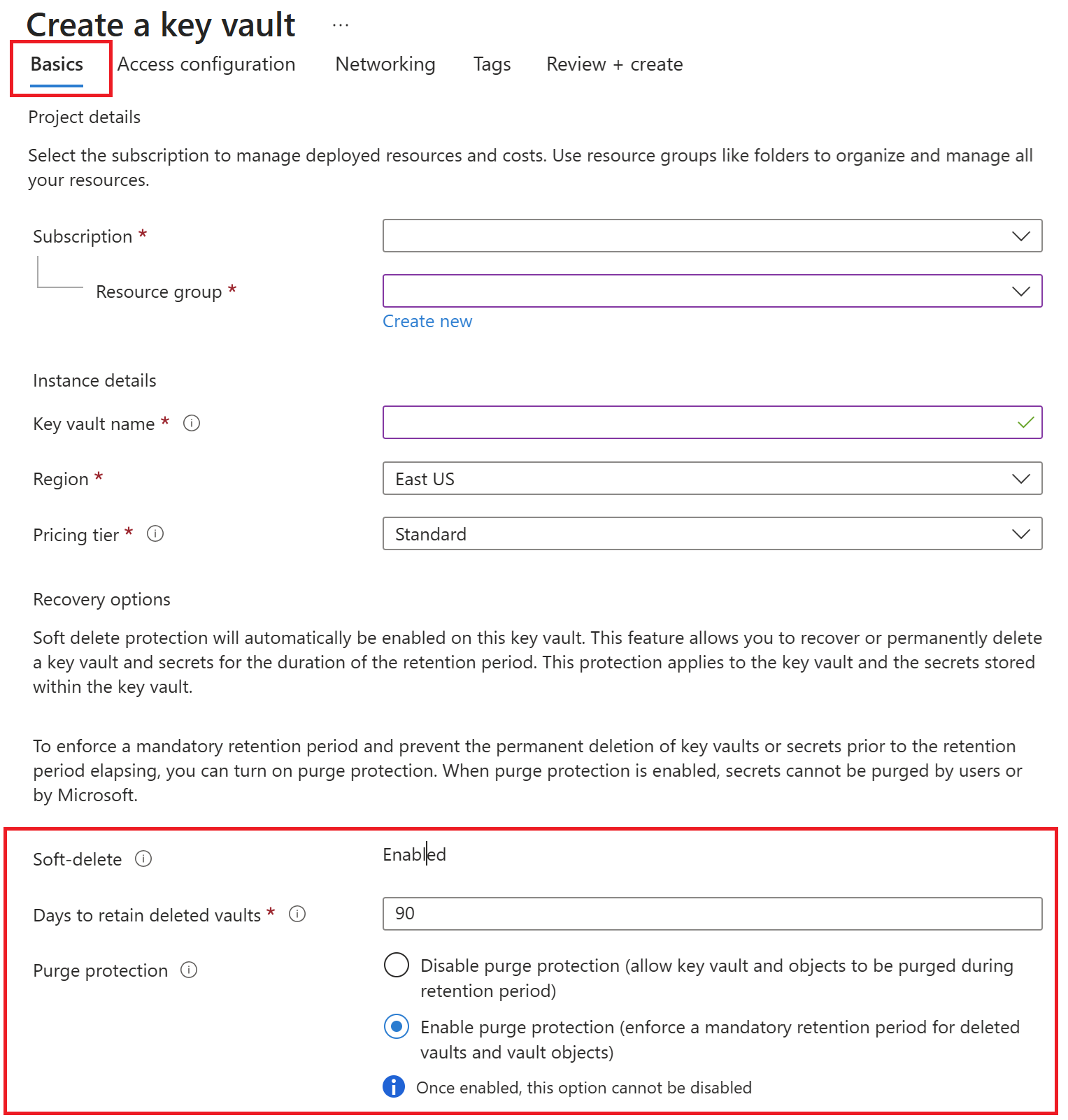 Screenshot of the Azure portal Key Vault Recovery tab showing soft-delete retention days set to 90 and purge protection enabled.