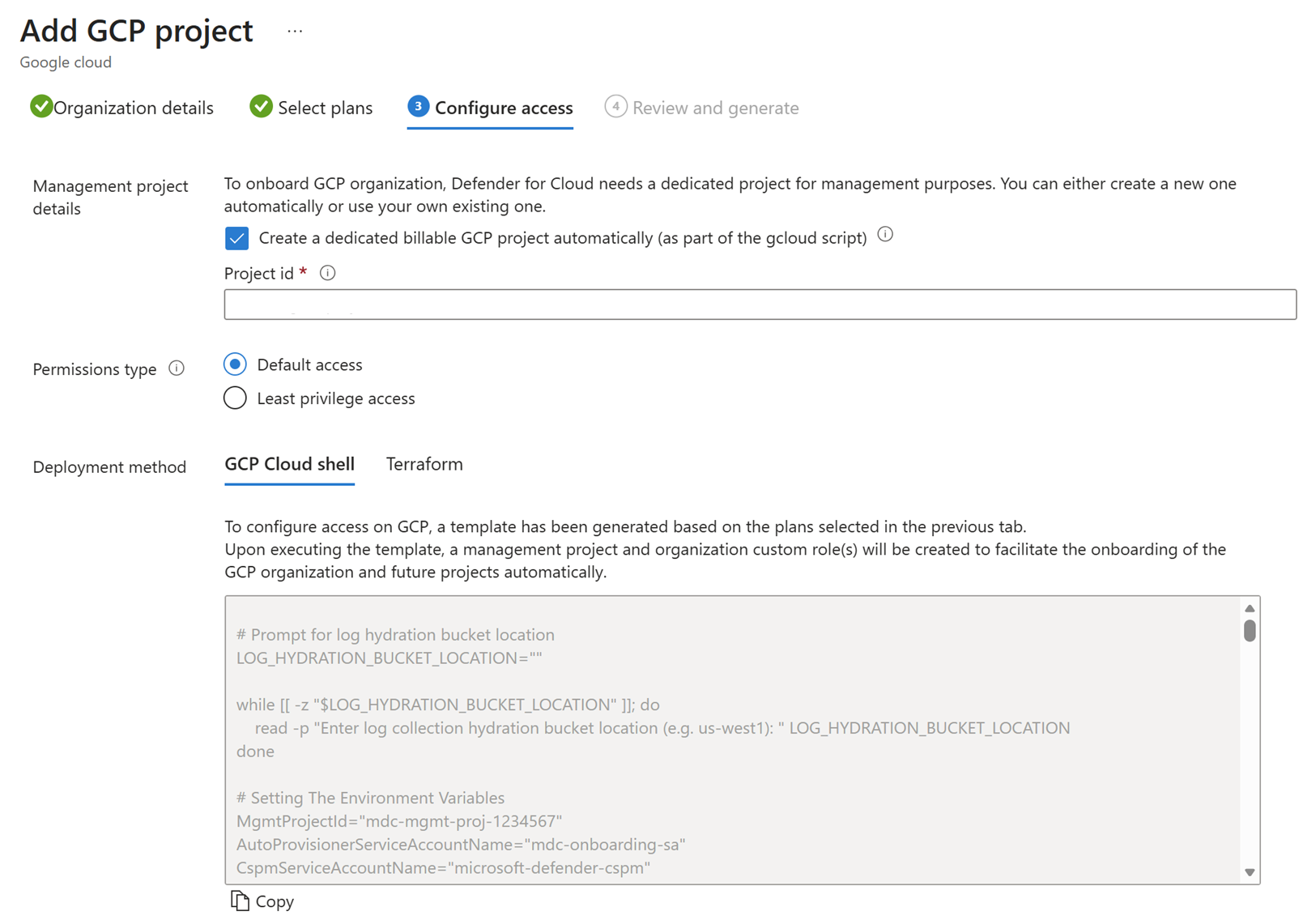 Screenshot of the Configure access tab for the GCP connector showing the GCloud script.