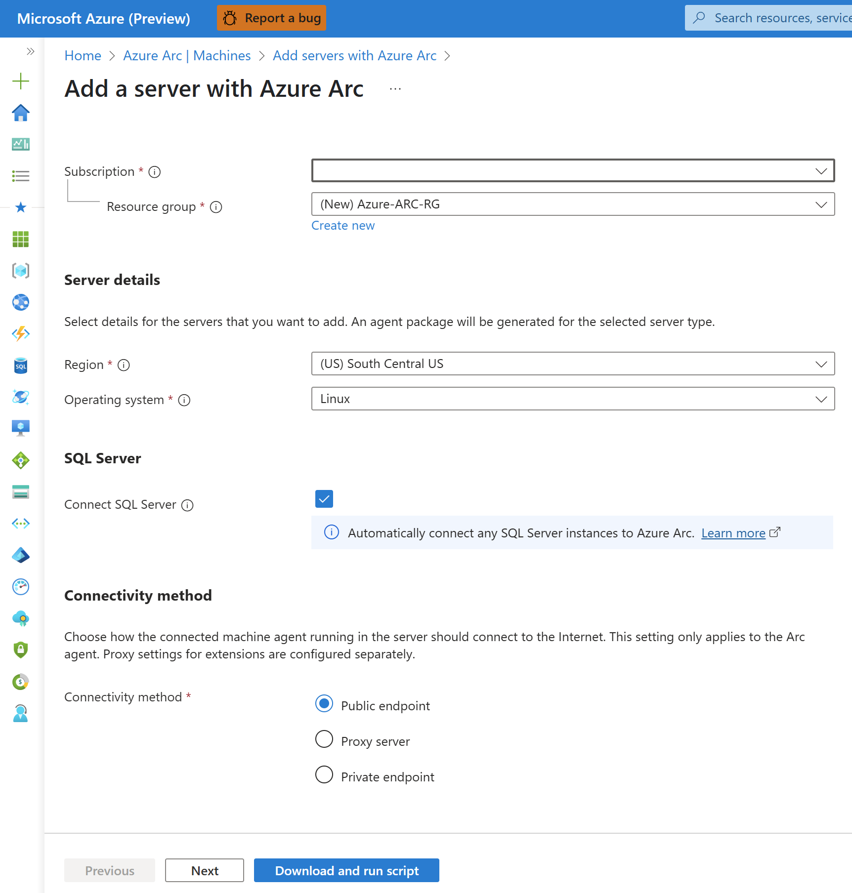 Screenshot of Add a server Azure Arc page.