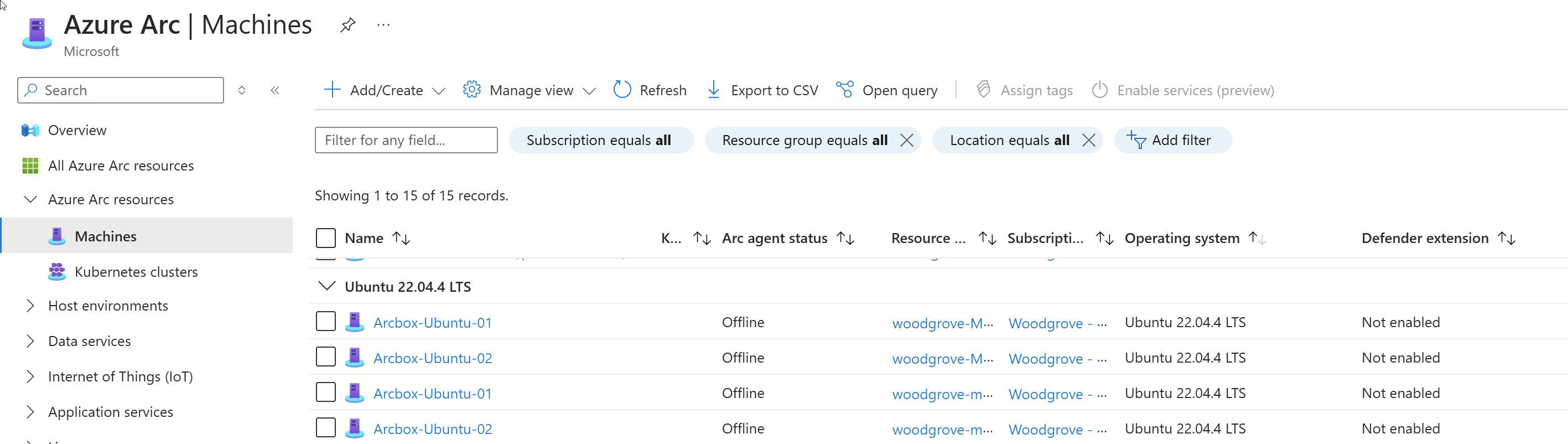 Screenshot of azure Arc connected Linux servers