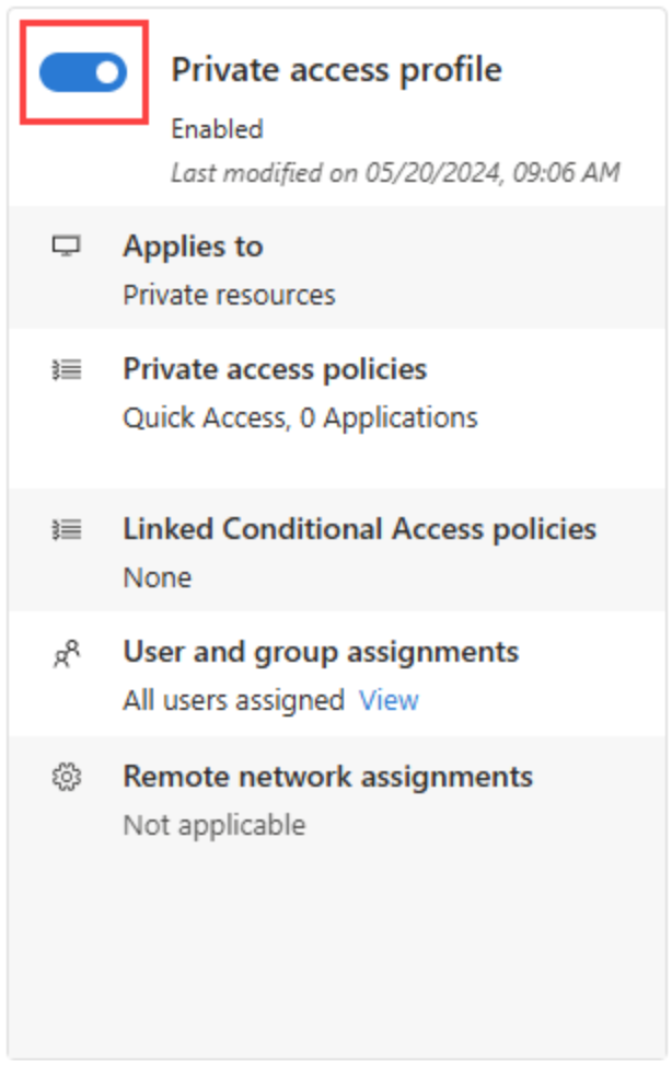 Screenshot of the Microsoft Entra Global Secure Access page with the Private Access enabled.