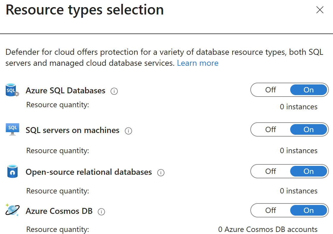 Screenshot of Defender for Databases expanded view showing the four individual subplan toggles in Environment Settings.