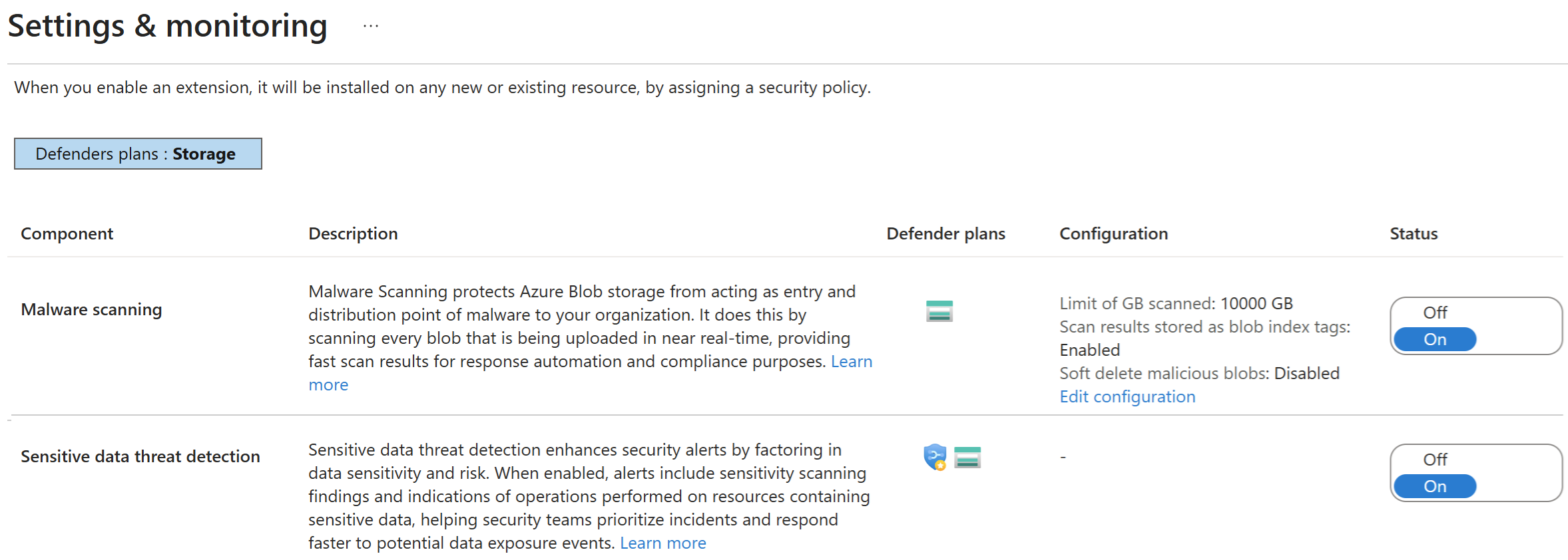 Screenshot of Defender for Storage plan settings showing the malware scanning and sensitive data threat detection configuration options.