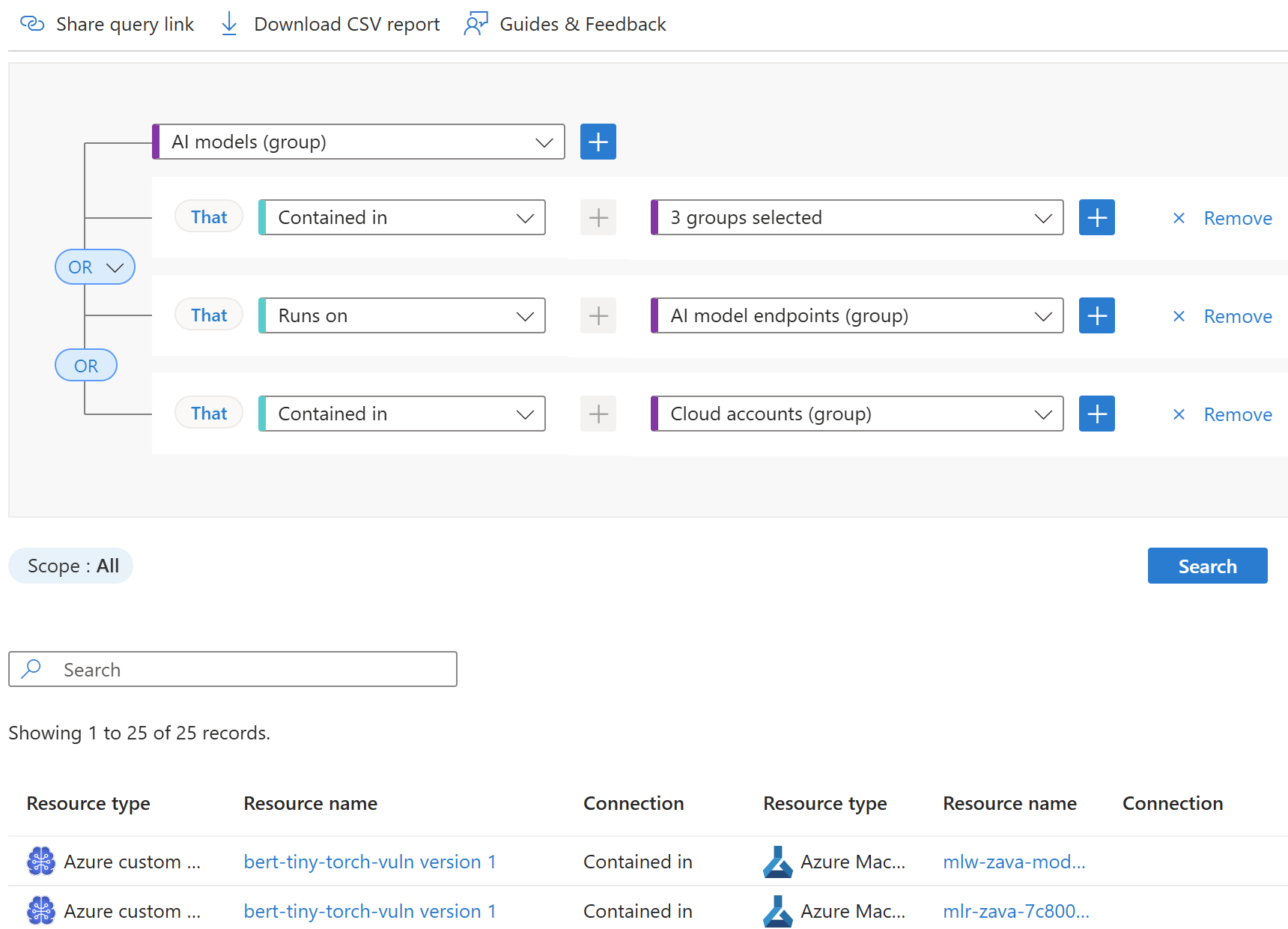 Screenshot of the Cloud Security Explorer showing the AI workloads and models in use query template and its results.
