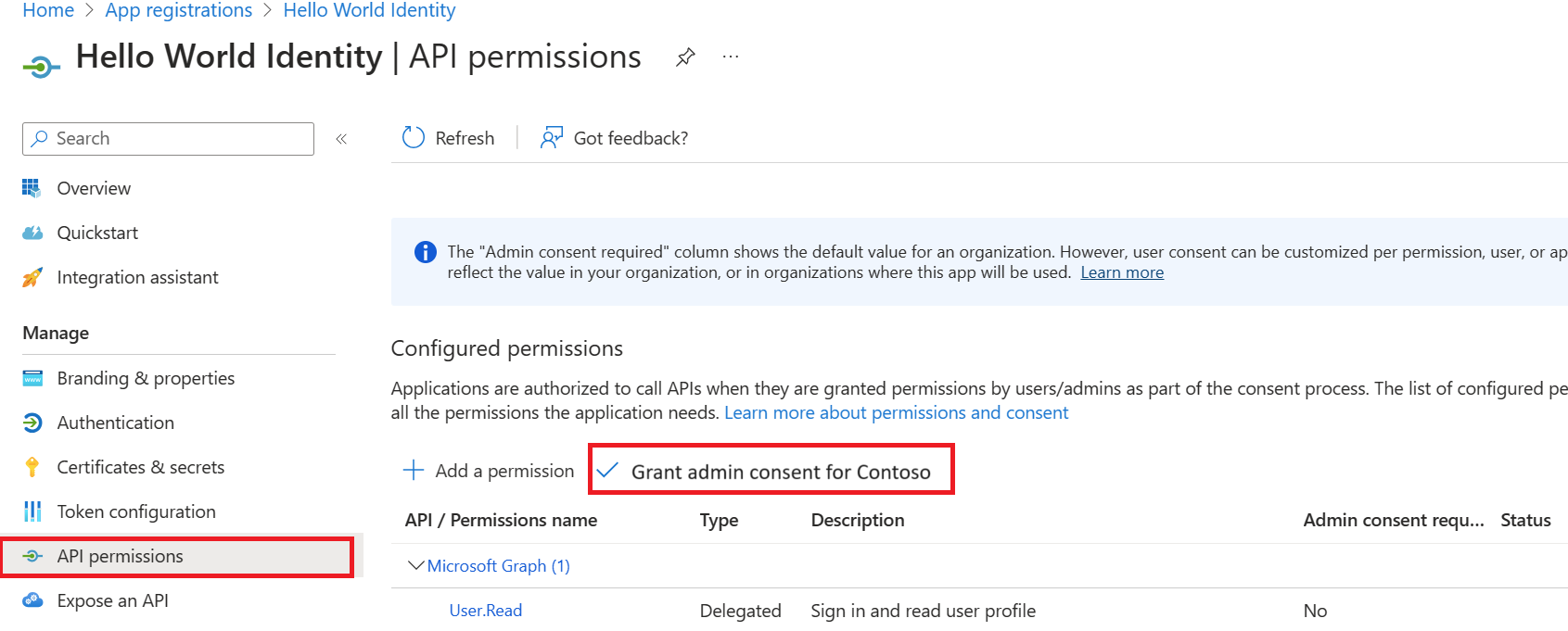 Screenshot of the API permission page with Grant admin consent for Contoso highlighted.