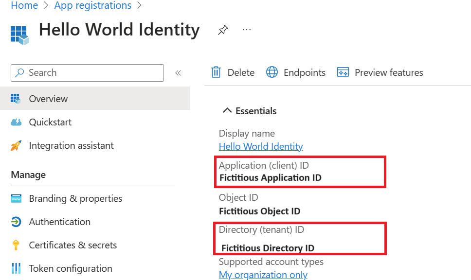 Screenshot of the Demo app screen with the directory ID highlighted for usage in your registration.