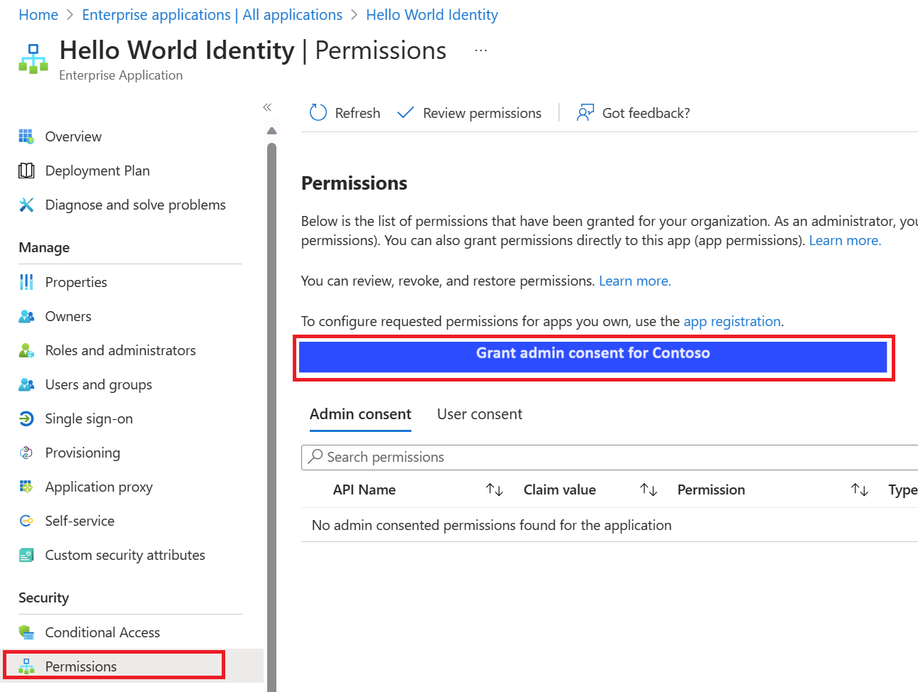 Screenshot of the Demo app permissions page with Grant admin consent for Contoso highlighted.