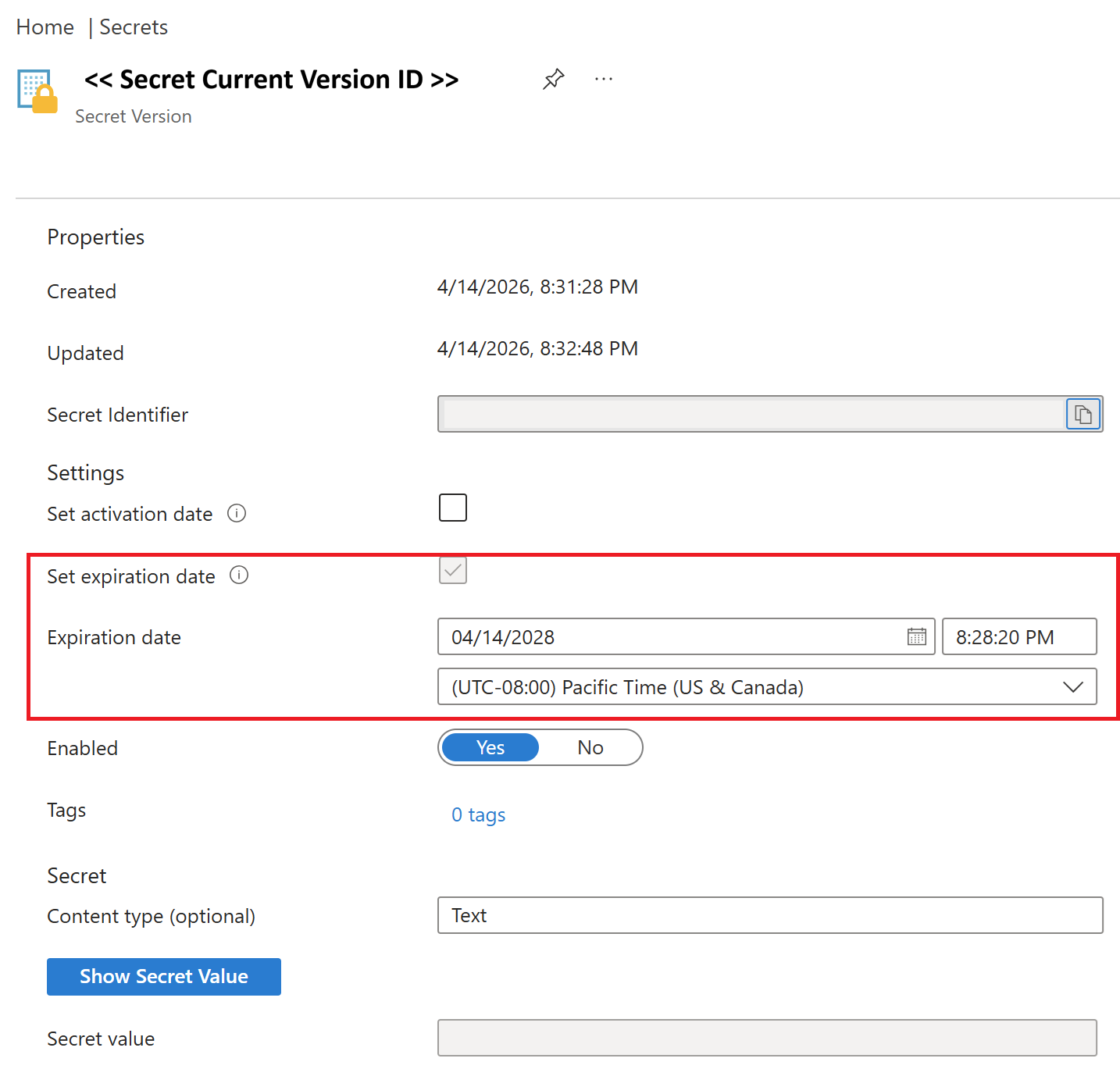 Screenshot of the Azure portal showing the secret version settings page with the Expiration date field and Save button highlighted.