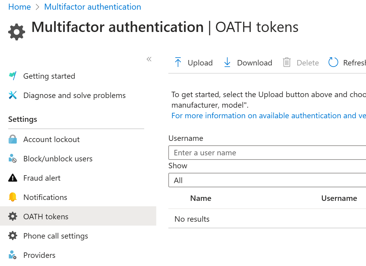 Screenshot of the OATH (Open Authentication) token setup screen inside of multifactor authentication. Configure tokens using software or hardware.