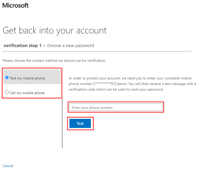 Screenshot of verification step 1 with contact methods, phone number box, and text button highlighted.