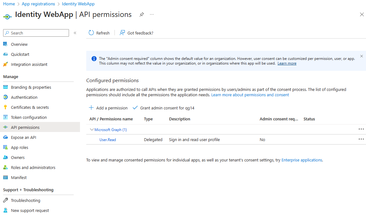 Screenshot of the app registration API permissions configuration screen Microsoft Graph granted the user.read permission.