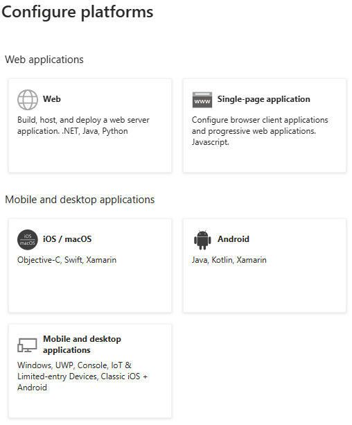 Screenshot of the app registration, authentication, add a platform selection screen.