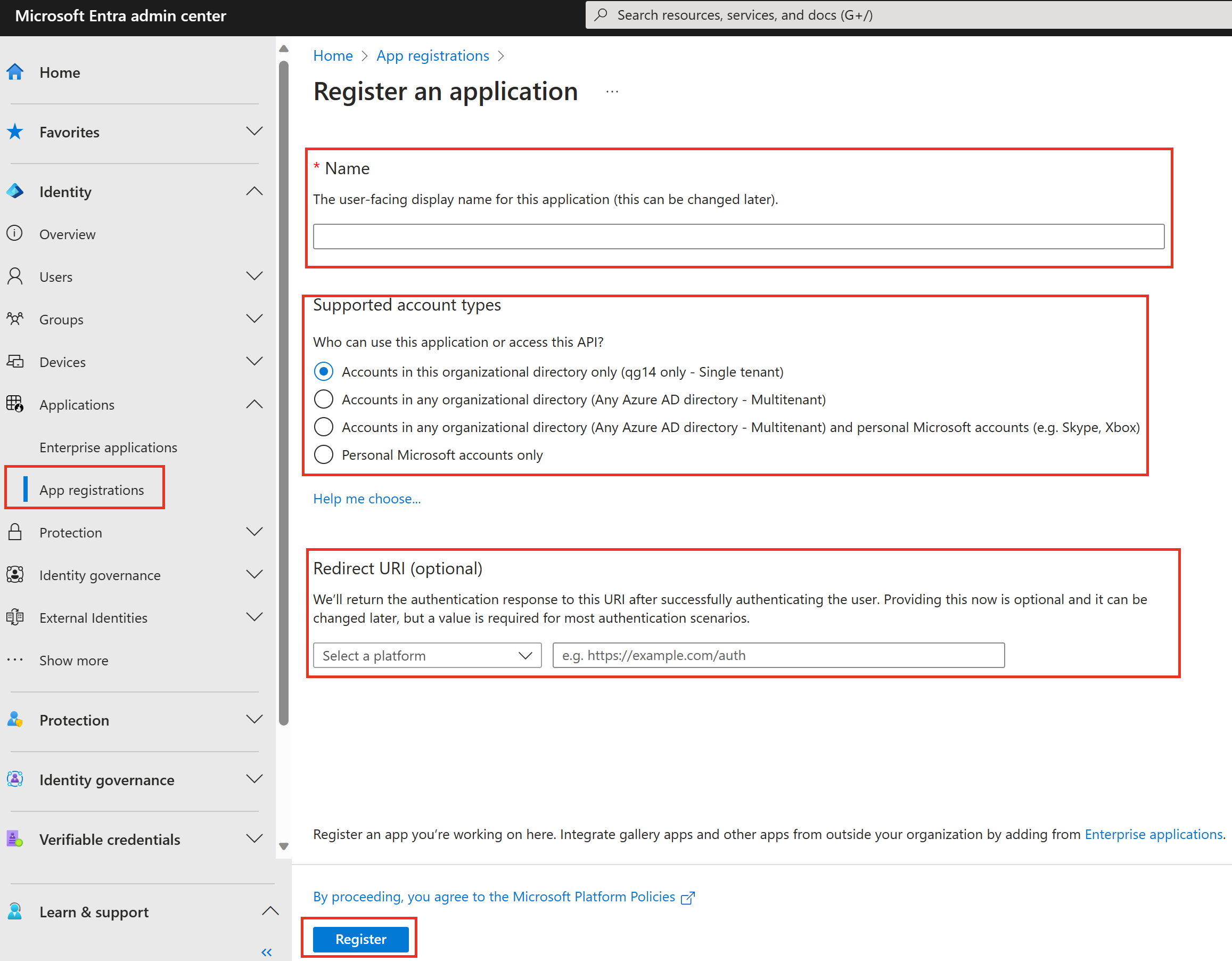 Screenshot of the Microsoft Entra admin center with the new app registration dialog open.