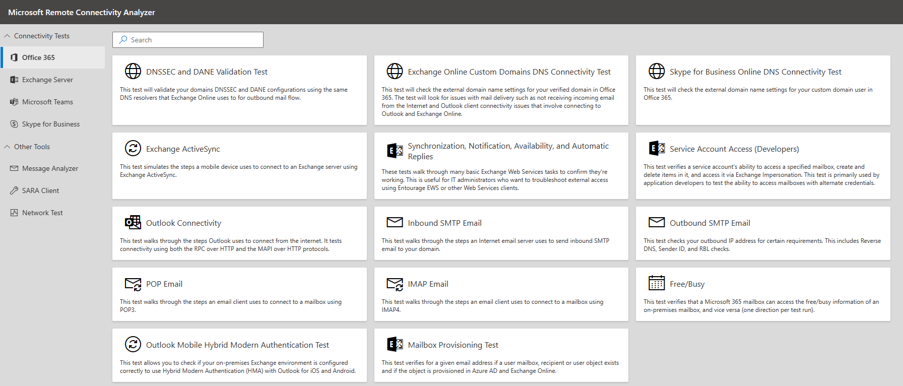 Screenshot showing the Microsoft Remote Connectivity Analyzer tool.