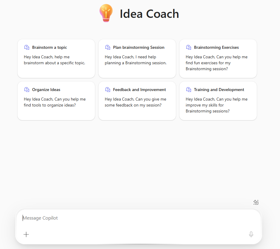 Screenshot of the prebuilt Idea Coach agent in Microsoft 365 Copilot Chat.