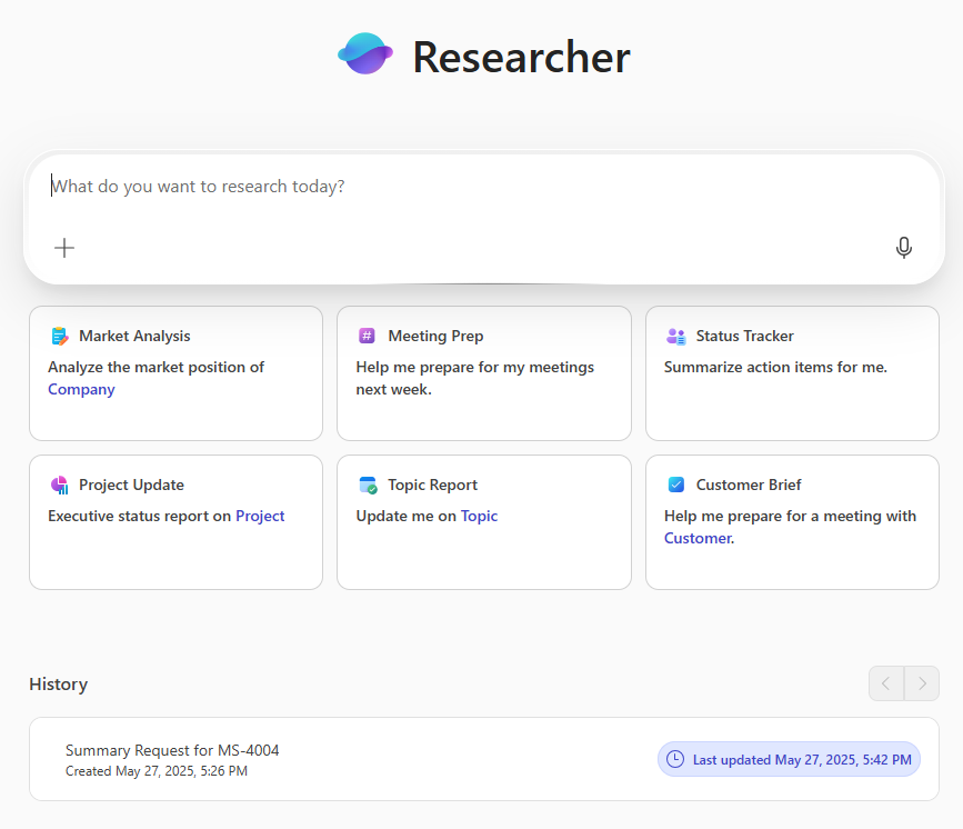 Screenshot of the prebuilt Researcher agent in Microsoft 365 Copilot Chat.
