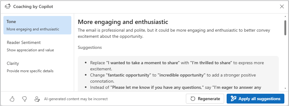 Screenshot of Copilot's coaching functionality.