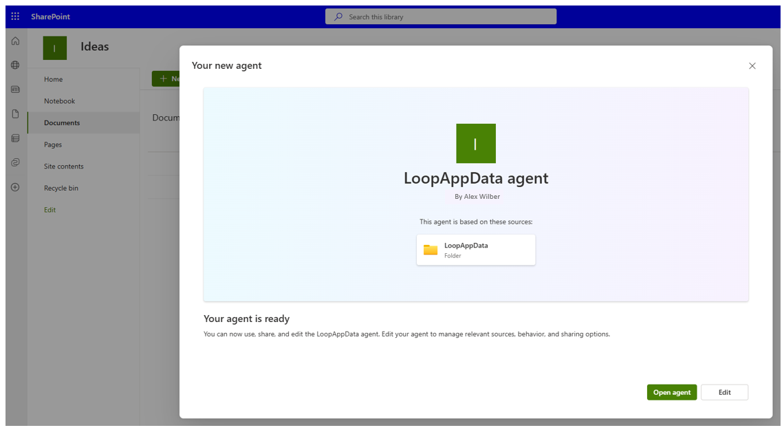 Screenshot of the confirmation window for a newly created SharePoint agent, with options to open or edit it.