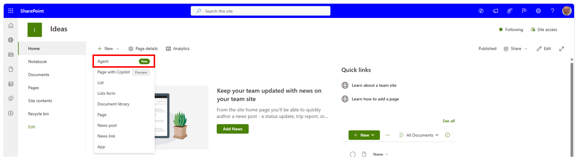 Screenshot of a SharePoint site showing the New menu with the Agent option highlighted.