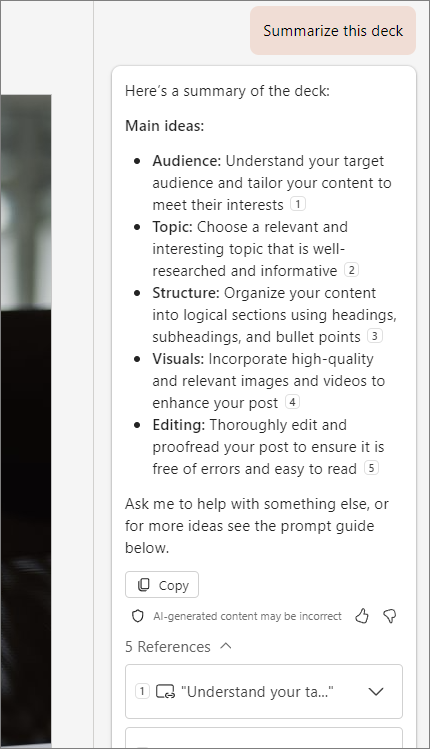 Screenshot of the Copilot pane showing a presentation summary with slide citations.