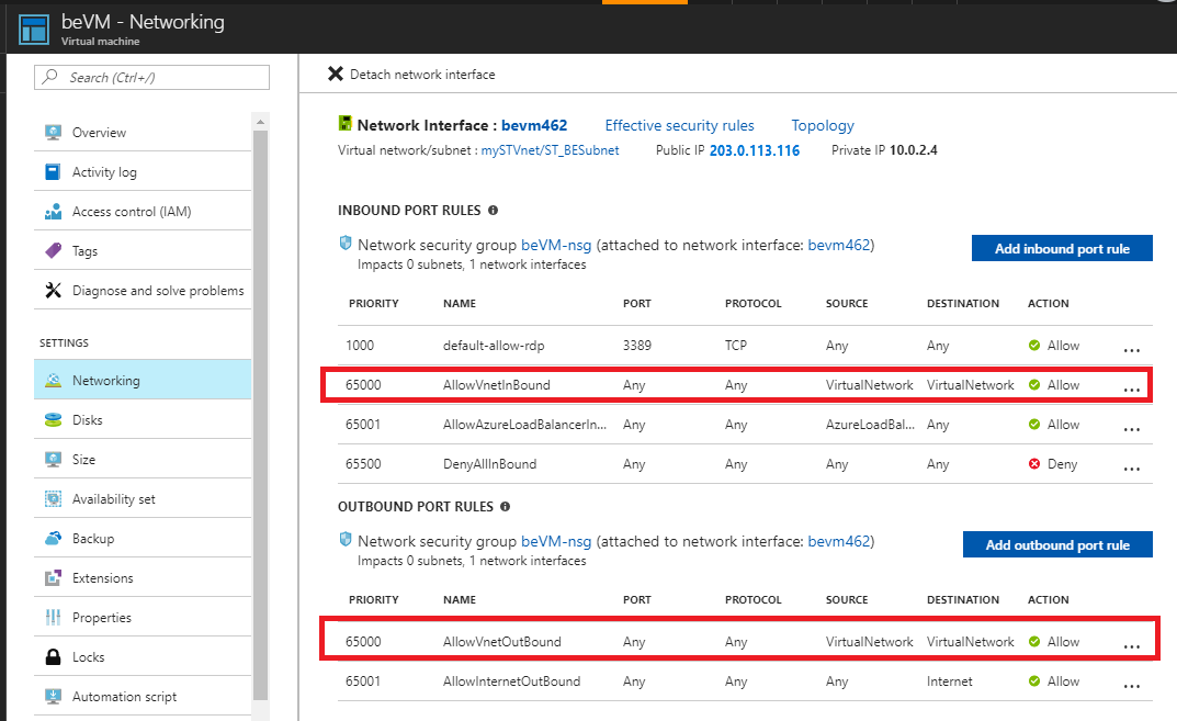 Screenshot shows the Networking settings for a virtual machine where you can see Allow V net Inbound and Allow V net OutBound.