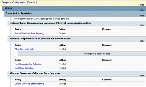 Screenshot of all the group policy object settings.