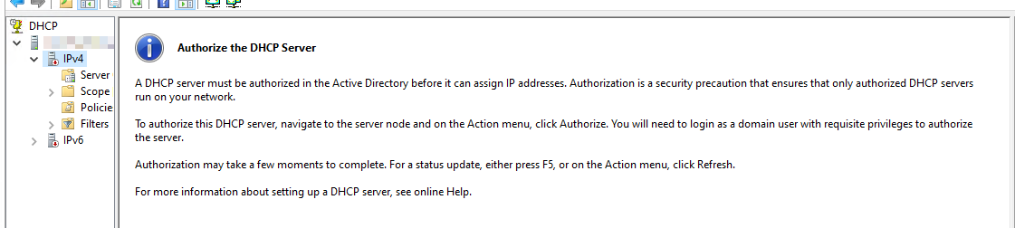 Screenshot of the DHCP console showing an unauthorized status.