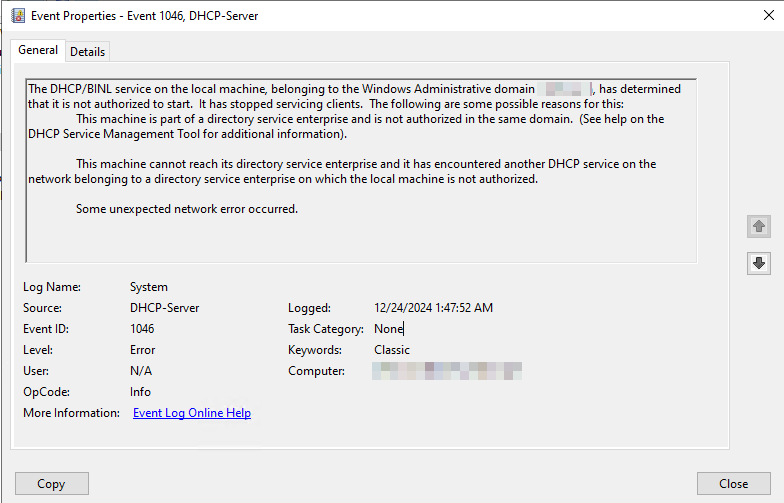 Screenshot of the event log indicating an unauthorized status.