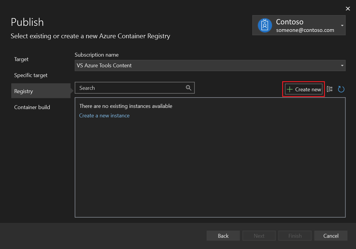 Screenshot of Publish dialog - choose Create New Azure container registry.