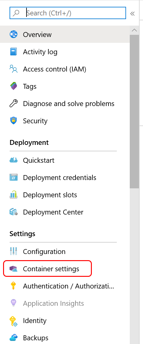 Screenshot of Container Settings menu in the Azure portal.