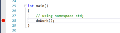 Screenshot that shows how to set a breakpoint in the Visual Studio 2022 debugger.