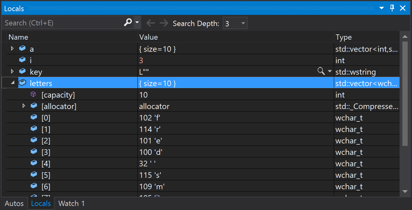 Screenshot of inspecting variables in the Locals Window.