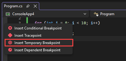 Screenshot that shows the Insert Temporary Breakpoint command.