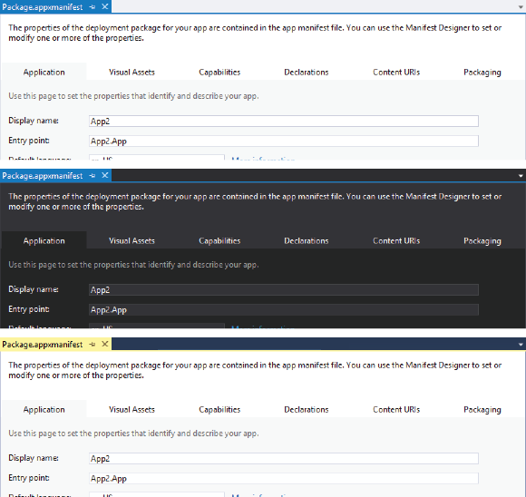 Manifest Designer in Light, Dark, and Blue themes Manifest Designer in Light (top), Dark (center), and Blue (bottom) themes