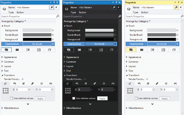 Properties window in Light, Dark, and Blue themes Properties window in Light (left), Dark (center), and Blue (right) themes
