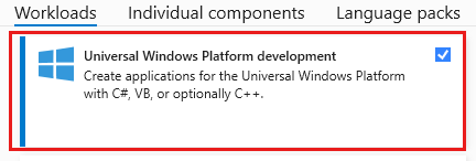 Screenshot of the Visual Studio Installer showing the Universal Windows Platform development workload.