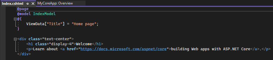 Screenshot shows the Index.cshtml file open in the Visual Studio Code editor.