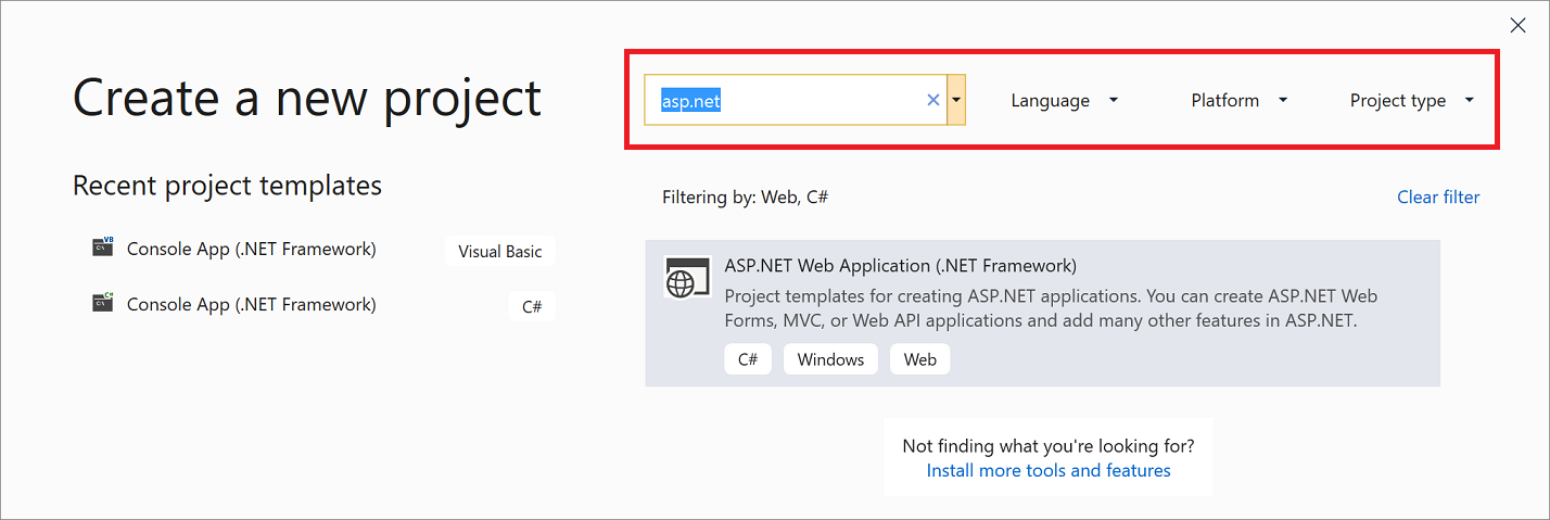 Screenshot of the project template filters in Visual Studio 2019.