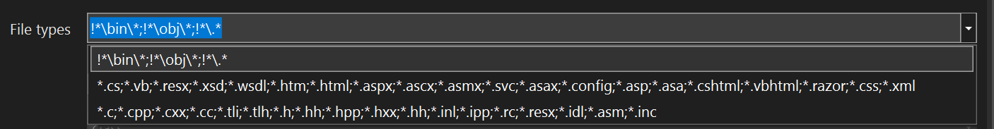 Screenshot of the File Types section of the Find In Files dialog box.