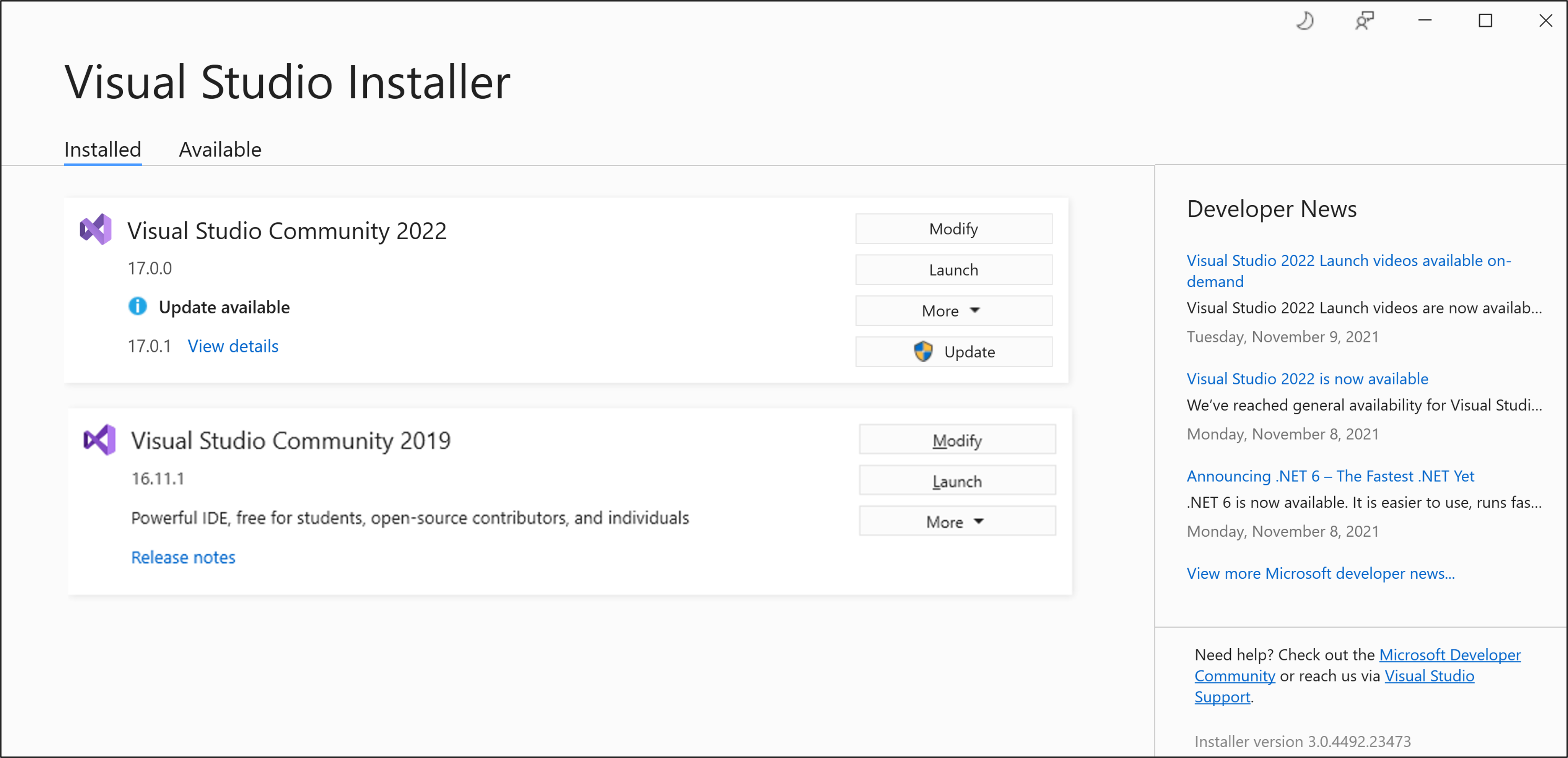 Screenshot showing a list of Visual Studio installations in the Visual Studio Installer.