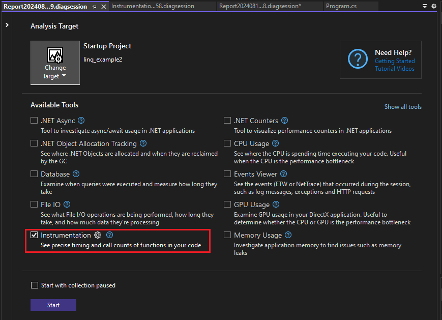 Screenshot showing Instrumentation tool selected.