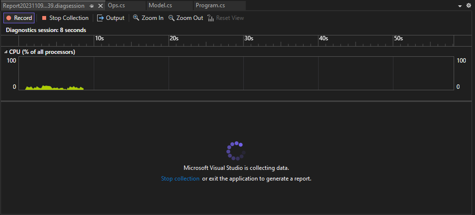 Screenshot of data collection on the Performance Profiler.