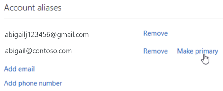 Screenshot of the account aliases dialog. The pointer is hovering over the make primary option. Set the primary email address