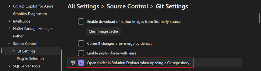 Screenshot of the 'Open folder in Solution Explorer when opening a Git repository' option in the Options pane.