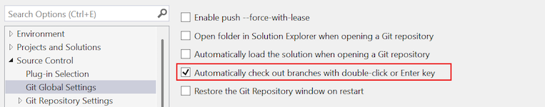 Screenshot of the 'Automatically check out branches with double-click or Enter key' option in the Options dialog.