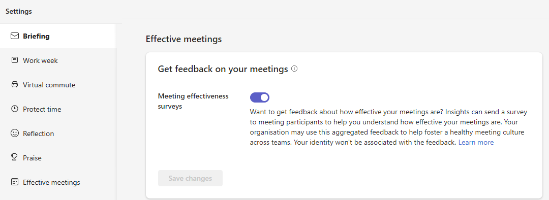 Screenshot that shows the Effective meetings tab in Settings with the Meeting effectiveness surveys toggle switched on.