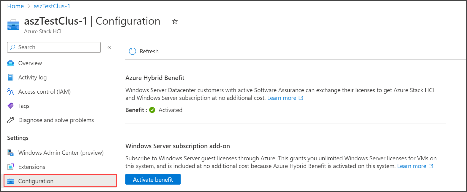 Screenshot of the screen for activating Azure Hybrid Benefit for Azure Stack HCI.